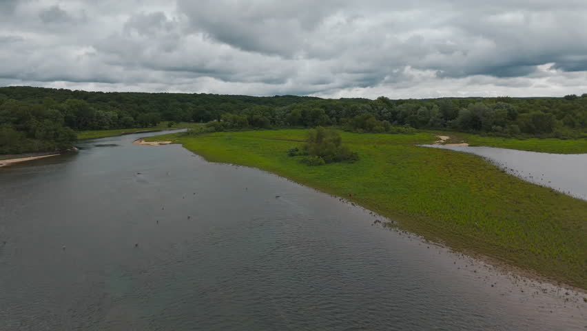 Waterfowl Swimming Over Lake Eucha Park In Delaware County, Oklahoma, USA. Aerial Drone Shot
