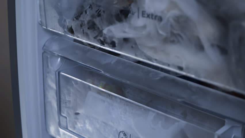 Meat and grocery stock in a freezer. Woman checks every shelf in the freezer