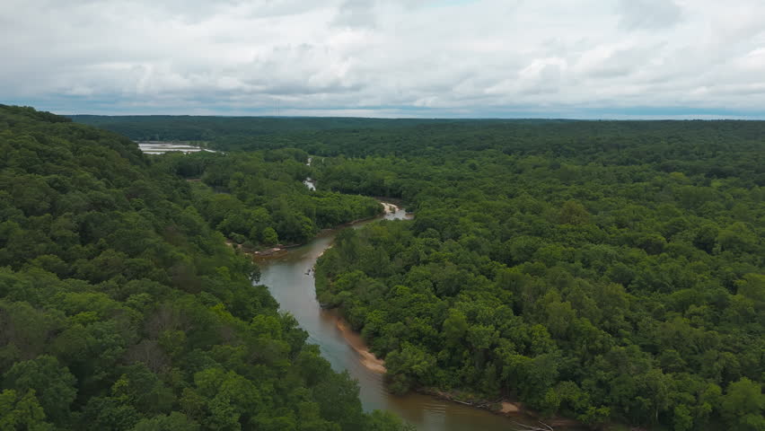Boating Over The River Near Tagg Flats On The Southern Side Of Lake Eucha In Delaware County, Oklahoma, USA. Aerial Drone Shot