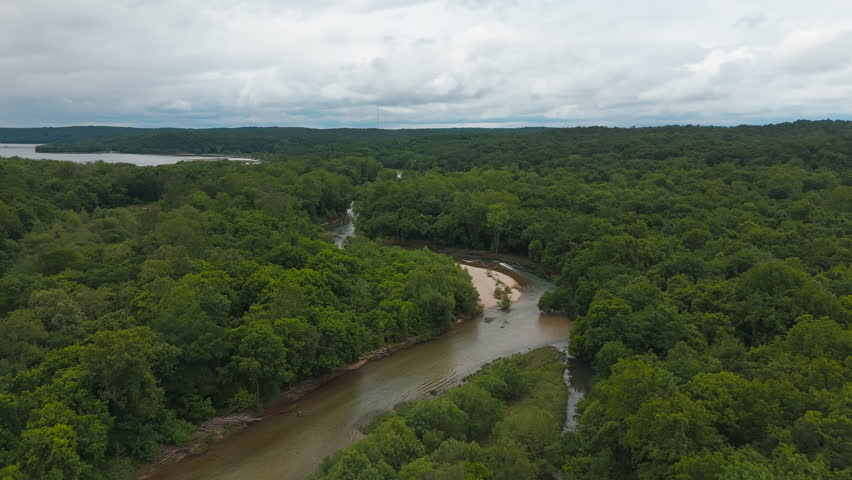Winding River Stream Near Tagg Flats In Lake Eucha In Delaware County, Oklahoma, USA. Aerial Drone Shot