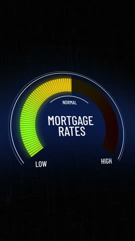 Digital speedometer showing mortgage rates moving from low to normal, stabilizing home loan interest, green and yellow economy metrics presentation, futuristic HUD. Copy space