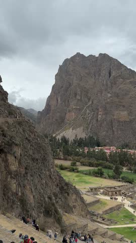 A sweeping view of the ancient Inca fortress of Ollantaytambo, Peru