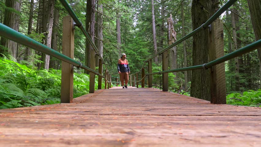 Tourist walks along a scenic wooden boardwalk through lush green forest in giant cedars boardwalk park, british columbia, canada, enjoying the tranquility of nature