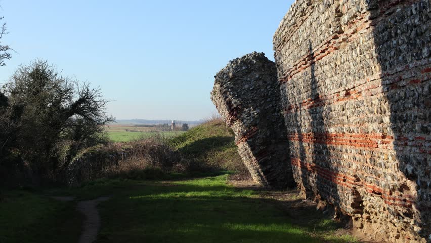 The Roman Walls of Burgh Castle Roman Fort in 8K, Norfolk Broads, UK