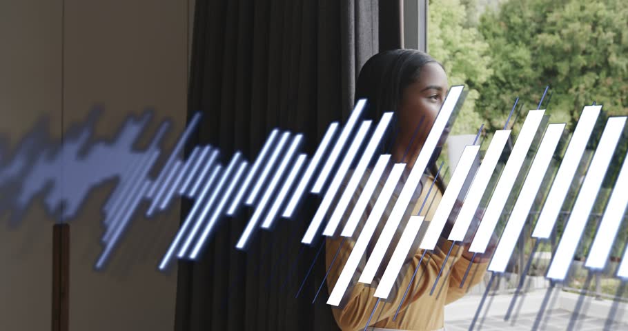 Woman at glass window tapping smartphone, generating soundwave sweeping across frame for tech demo. Device, audio, waveform, visualization, focus, concentration, outdoor