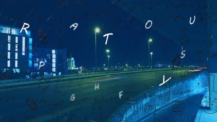 Traffic entering frame making light streaks, overpass showing drifting letters Z R A showing flow. Elevated, highway, urban, nighttime, lighttrails, vehicles, streetlights