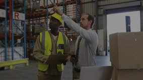 Warehouse manager tapping scanner while worker checking inventory, data network overlaying scene. Collaboration, logistics, stock, facility, industrial, handheld, pallets - Powered by Shutterstock - Get 15% off with code: PIKWIZARD15