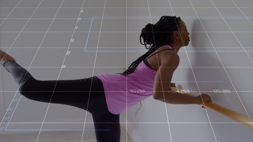 Mid adult woman holding barre doing arabesque for fitness while grid and chart overlays tracking. Balance, posture, flexibility, coordination, bar, studio, window