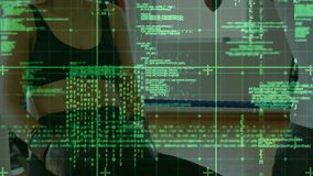 Female boxer leaning on ropes, green code shifting, revealing hand wraps, resting between rounds. Athlete, gym, training, focus, stamina, gloves, digital - Powered by Shutterstock - Get 15% off with code: PIKWIZARD15