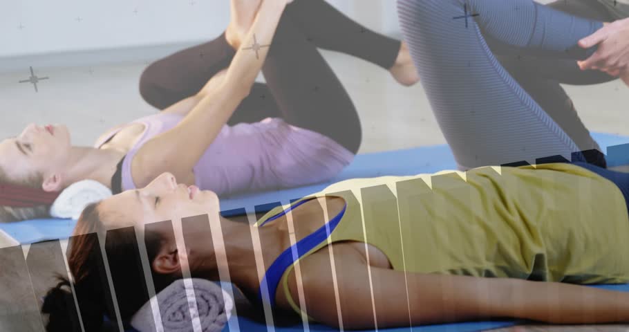 Fitness trainer entering right, kneeling guiding knee, deepening stretch, graphs overlaying frame. Instructor, stretching, alignment, mats, barre, studio, bright