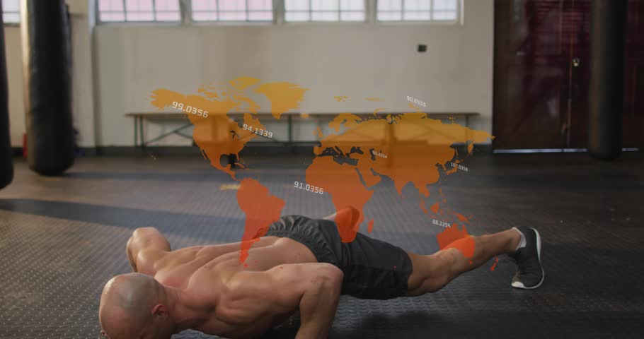 Trainer from plank cycling pushup to knee drive rotating under orange worldmap overlay for fitness. Gym, workout, movement, athletic, cardio, strength, fullbody