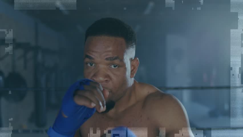 Glitch flickering, 'FIGHT' centering, boxer throwing jabs, guarding, locking eyes, boxing training. Athlete, promo, cinematic, sports, gym, wraps, punch