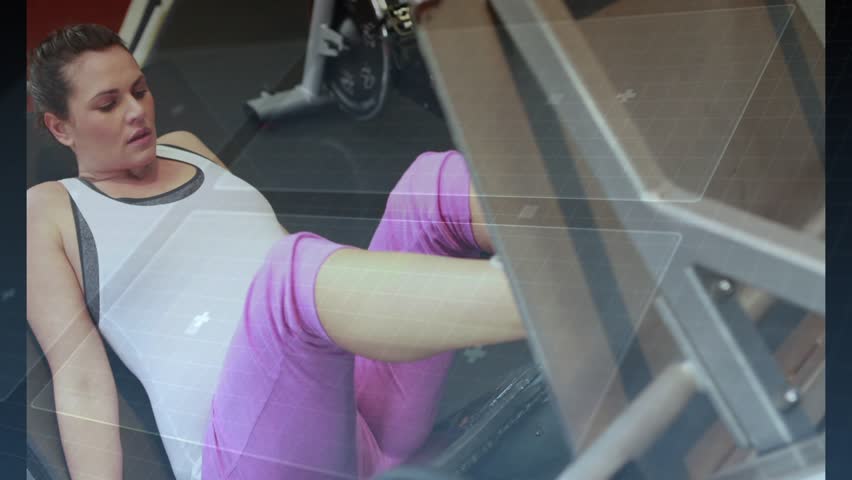 Woman bracing hands and pushing leg-press, performing fitness reps with overlays tracking legs. Strength, gym, training, focus, power, endurance, equipment