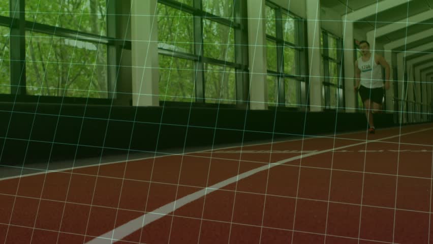 Male runner moving to camera on red track, starting neon-pink graph and grid tracking sports data. Athlete, sprint, hallway, lanes, windows, greenery, momentum