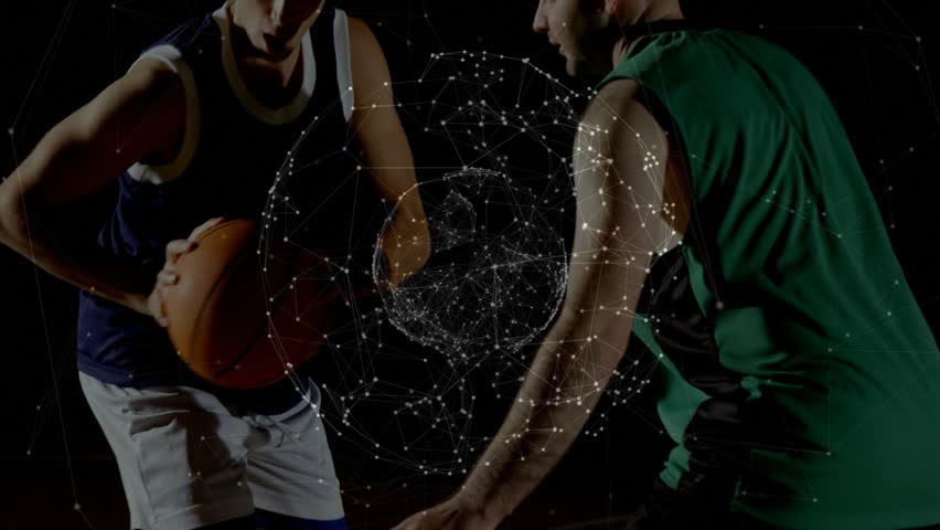 Defender poke causing left player rising and shooting in sports, blocking, point cloud following. Basketball, duo, athletic, jersey, studio, motion, particle
