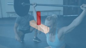 Fitness lifter lifting overhead barbell 3D pegs forming coil over torso showing form coach spotting. Athlete, trainer, gym, squat, weights, strength, motion - Powered by Shutterstock - Get 15% off with code: PIKWIZARD15