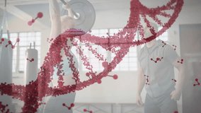 DNA helix drifting revealing lifter pressing barbell while spotter assisting, showing fitness link. Gym, weights, lifting, bench, coach, partner, teamwork - Powered by Shutterstock - Get 15% off with code: PIKWIZARD15