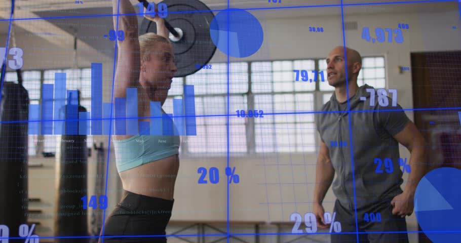 Female athlete doing bar press-squat in training, coach cueing and spotting, blue charts moving. Weightlifting, lifter, barbell, gym, trainer, analytics, overlay