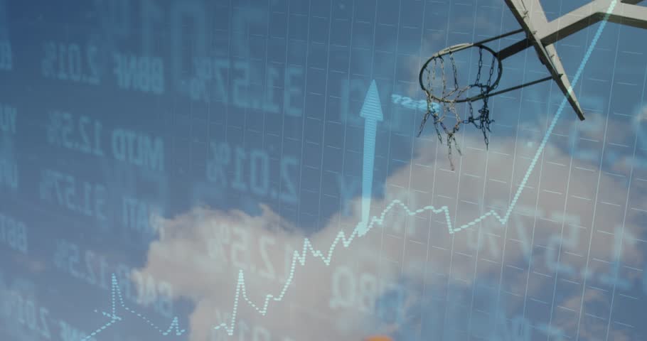 Male basketball player launching toward rim, dunking as financial charts overlaying, showing growth. Athlete, hoop, court, slam, outdoor, cinematic, promo