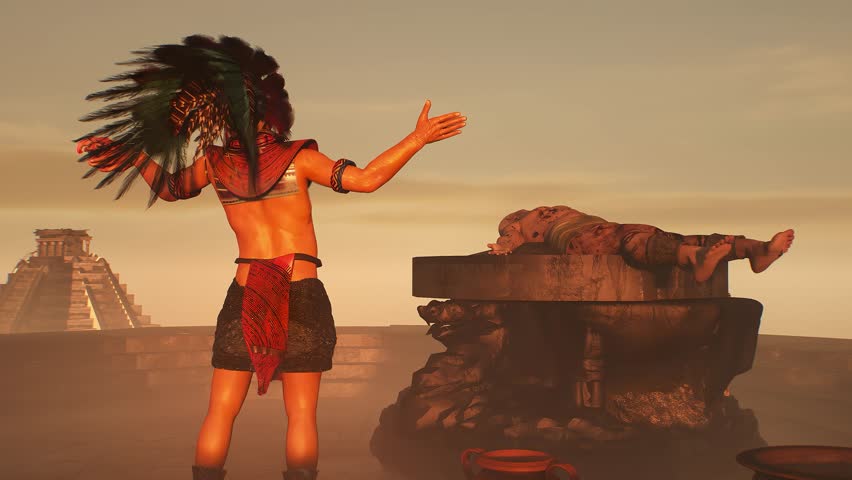 ancient Mayan aztec tribe , priest brings human sacrifices 3d render