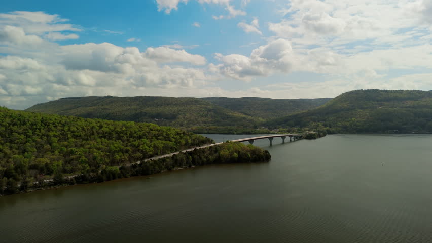 An aerial view of the bridge across Tennessee River on Marion County Park near Chattanooga on a sunny day in Tennessee, USA