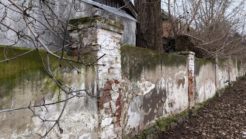 A dilapidated brick wall covered in moss and peeling paint stretches along a leafless dirt path. Bare tree branches frame the scene, with crumbling buildings in the distance, evoking a sense of forgot