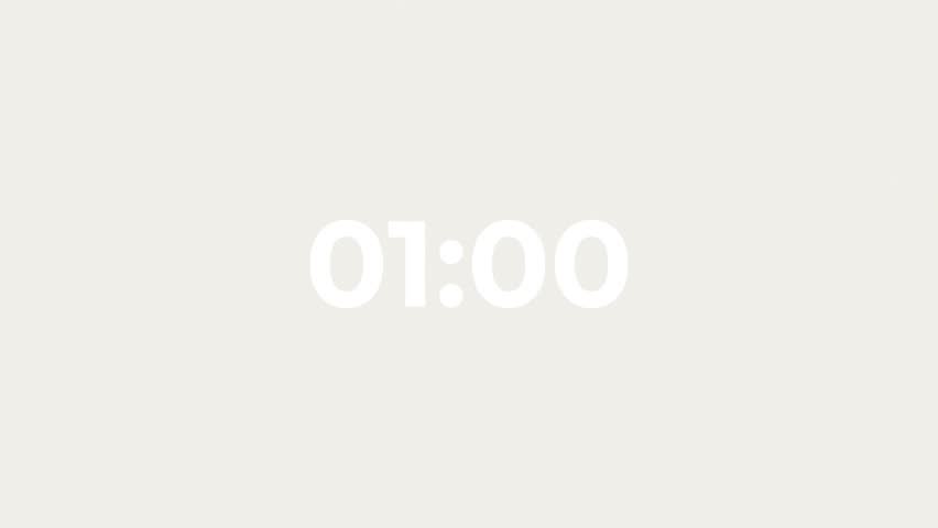 Subtle off-white monochrome animation countdown numbers from 01:00 to 0:00. One minute count down background.