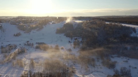 Drone Moving Forward along Snowy Forest Slope