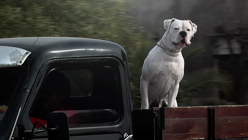 White Boxer Dog Barking From Moving Vintage Truck, Rural Road, Argentina - 4K