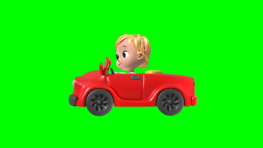 3D baby girl driving a small toy car on green screen. Cute child character animation for advertising, kids content, education, social media videos, and creative digital projects.
