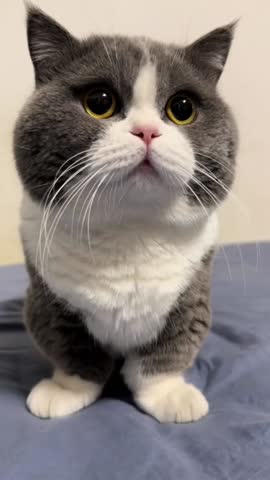 Adorable closeup cat watching towards camera with funny reaction
