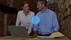 Woman leaning, man typing at laptop in warehouse, data nodes growing over screen, checking stock. Teamwork, inventory, analytics, visualization, dashboard, network, logistics - Powered by Shutterstock - Get 15% off with code: PIKWIZARD15