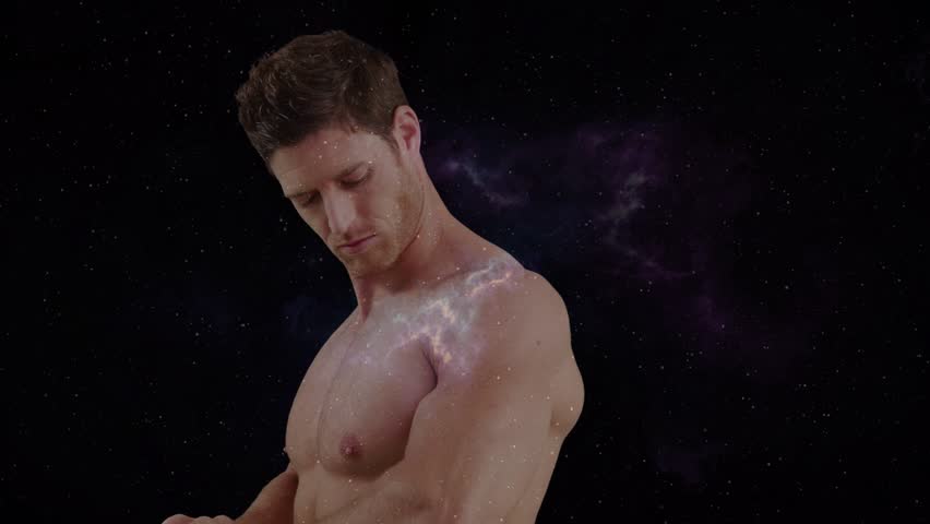 Man rotating torso on nebula appearing, nebula shifting across ribs or arm, lens flare enhancing VFX. Cosmic, galaxy, starfield, cgi, holographic, modeling, portrait