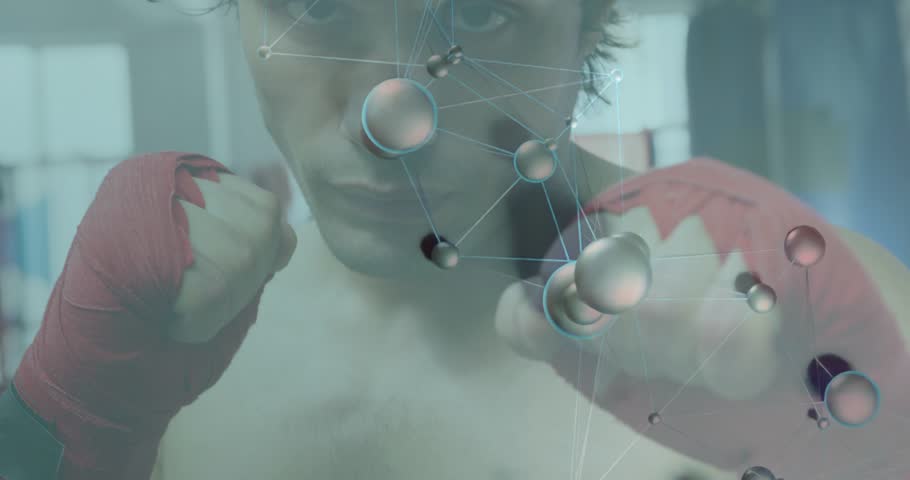 Boxer with red wraps holding guard, training, camera shifting, molecules drifting, revealing face. Fighter, boxing, fitness, overlay, holographic, cgi, focus