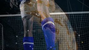 Male soccer player walking, tracking incoming ball and heading it, data overlay showing performance. Athlete, football, analytics, hud, network, earth, nodes - Powered by Shutterstock - Get 15% off with code: PIKWIZARD15