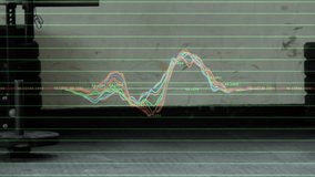 Man entering left gripping dumbbell, performing bicep curls for fitness, waveform rising per rep. Gym, strength, training, muscular, hexagonal, weights, visualization - Powered by Shutterstock - Get 15% off with code: PIKWIZARD15