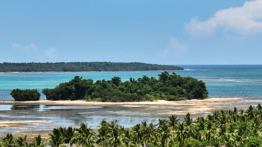 Island with dense green palm trees standing near the blue ocean on a sunny day. Siargao, Philippines.