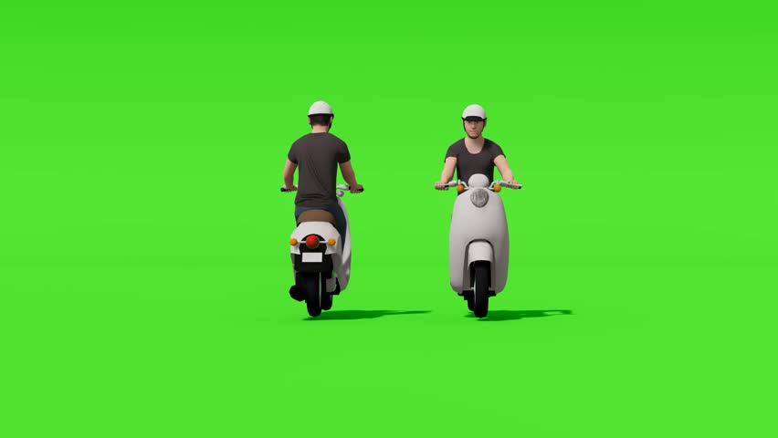 Two scooter riders wearing helmets on greenscreen, urban transportation concept for mobility, delivery, and CGI background replacement.
