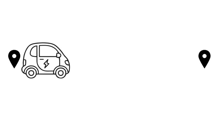 Minimal electric car icon traveling between location pins, clean line art route concept for navigation, mobility, transport, technology, business.