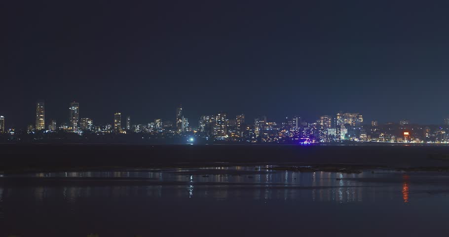 Mumbai, India. Evening City Skyline From Marine Drive Time Lapse, Timelapse, Time-lapse. Skyscrapers In Night Illuminations. Back Bay Coast Of Mumbai City. Mumbai Night Skyline. Night City Life.