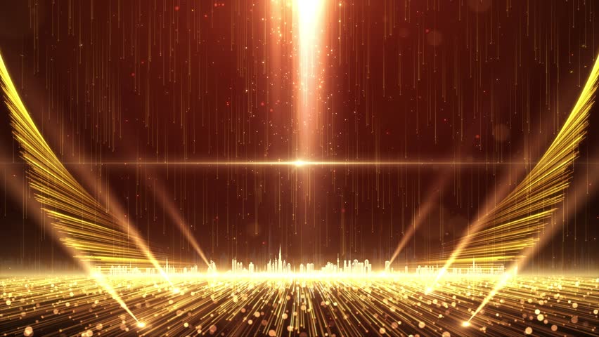 Golden luminous particle light lines shuttle, Stage Style Shockwave, Luxury and beauty, particle stripes flow. Glowing lines, 3D Digitally generated video for Christmas, New Year, celebration, party. 