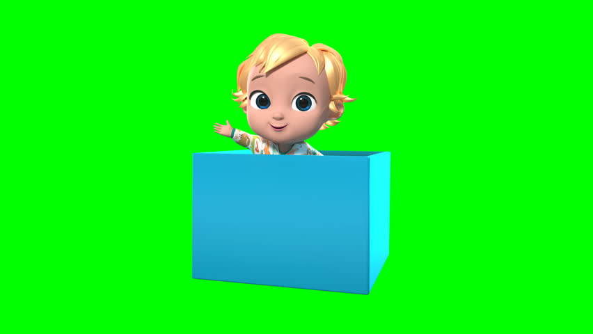 3D baby girl character jumping out of a box on green screen, cheerful surprise animation for advertising, kids content, promo videos, social media, and creative motion graphics projects.
