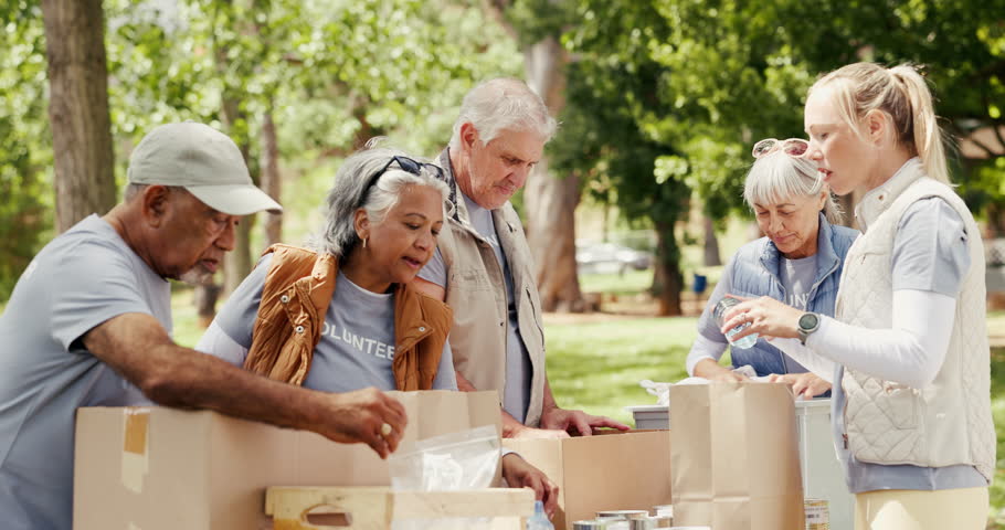 Volunteer, group and packing donations at park for food drive, charity event or community outreach. NGO project, senior teamwork or woman with parcel boxes in nature for nonprofit service or activism