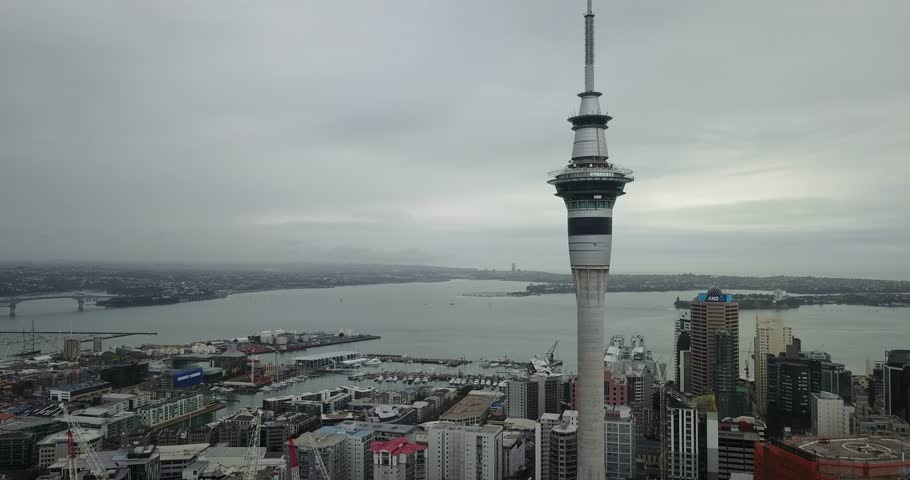 Aerial Drone View of Sky Tower in Auckland, New Zealand