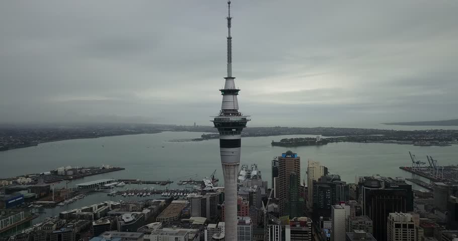 Aerial Drone View of Sky Tower in Auckland, New Zealand