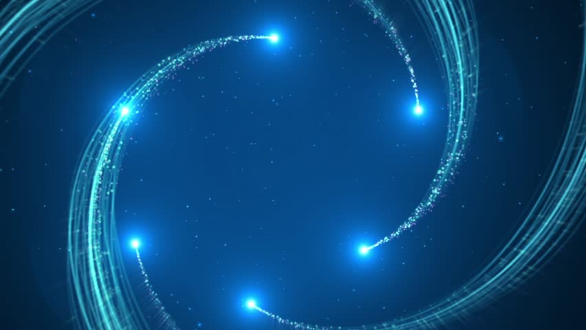 Blue trailing particle light rays travel and converge into circle, traveling through time tunnel created by particles, 3D digitally generated video for grand opening celebration and futuristic ending.