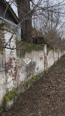 An aged stone and brick wall, blanketed in moss and peeling paint, lines a path strewn with fallen autumn leaves. Bare trees and an overcast sky create a hauntingly melancholic scene, suggesting a onc