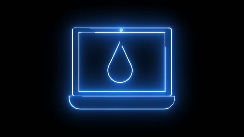Neonblue laptop with a water droplet icon on its screen against a black background