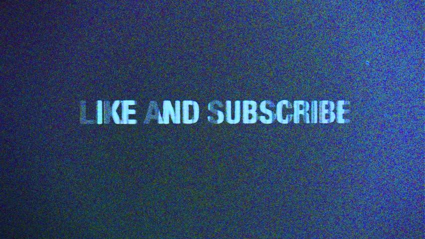 Like and subscribe glitch purple blue title on grainy vhs background, retro VHS style 4k