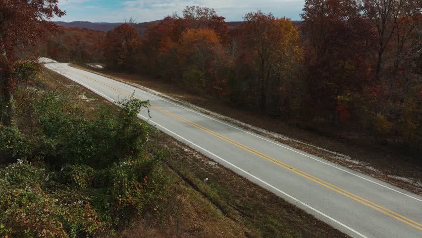 Arkansas countryside road in Autumn fall season, orange forest trees, tilt up 4k